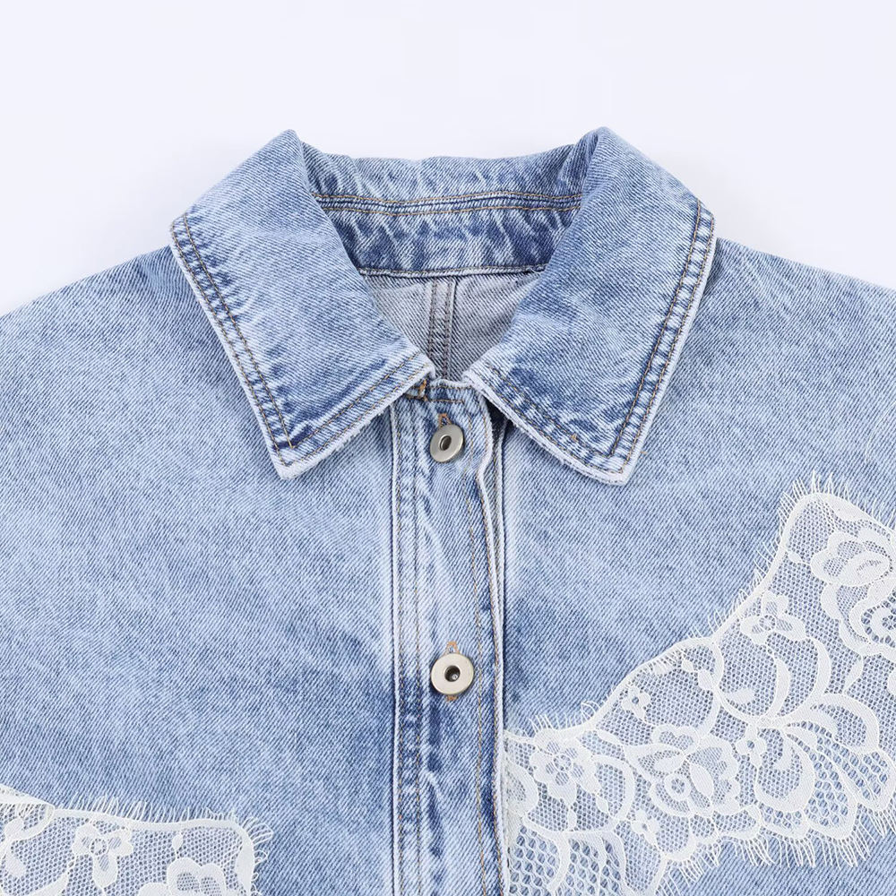 Women's Retro Casual Denim Jacket with Lace Paneling Turn-Down Collar and Loose Fit Washed for Autumn Season
