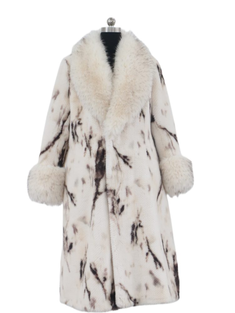 Big Collar Fur Coat Printed Jacket Women's Chic Winter Outerwear Luxury Trench Coat
