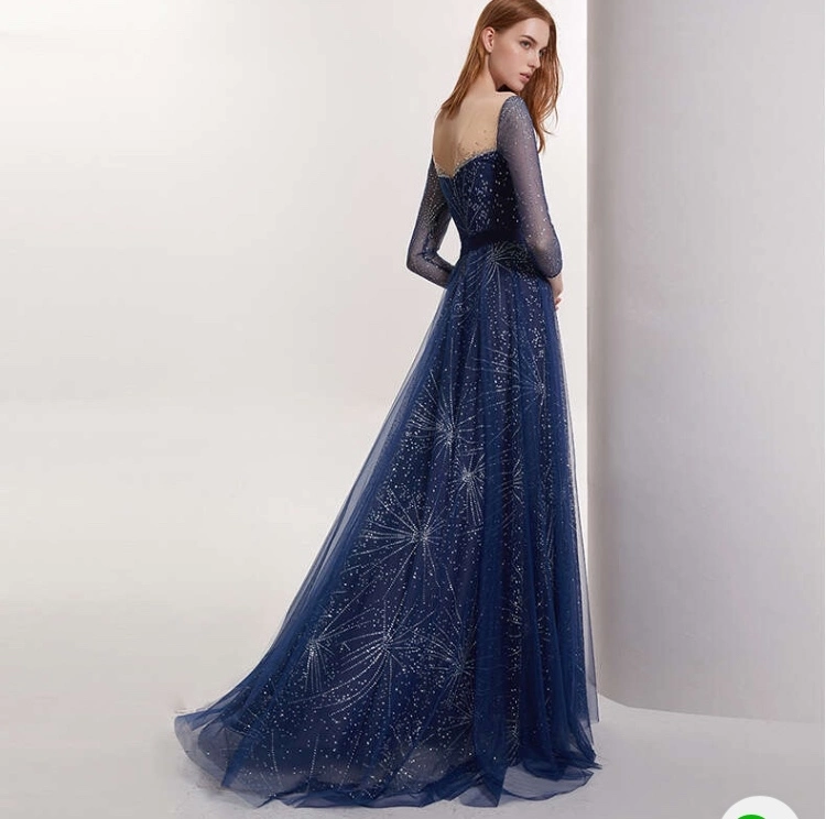 2020 Women's Fashion Temperament Celebrities Long Sequins Long-Sleeve Evening Wear