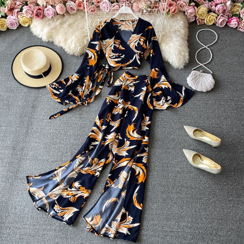 2024 New Women's Printed Suit Casual Loose Comfortable Beach Resort Style Trouser Set