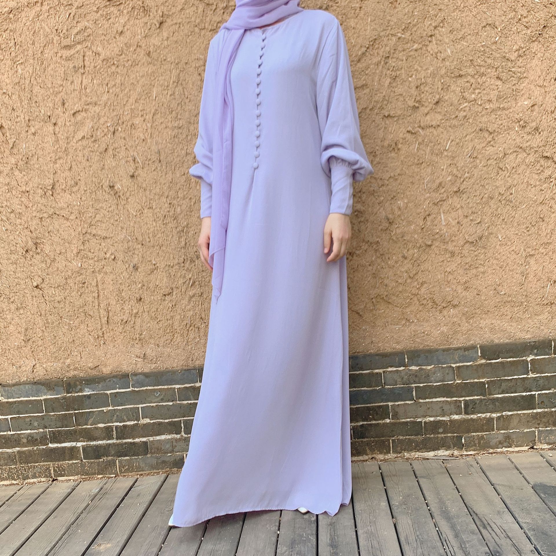 Modest Fashion Women's Long Abaya Solid Color Chiffon Casual Dress with Button Islamic Muslim Clothing