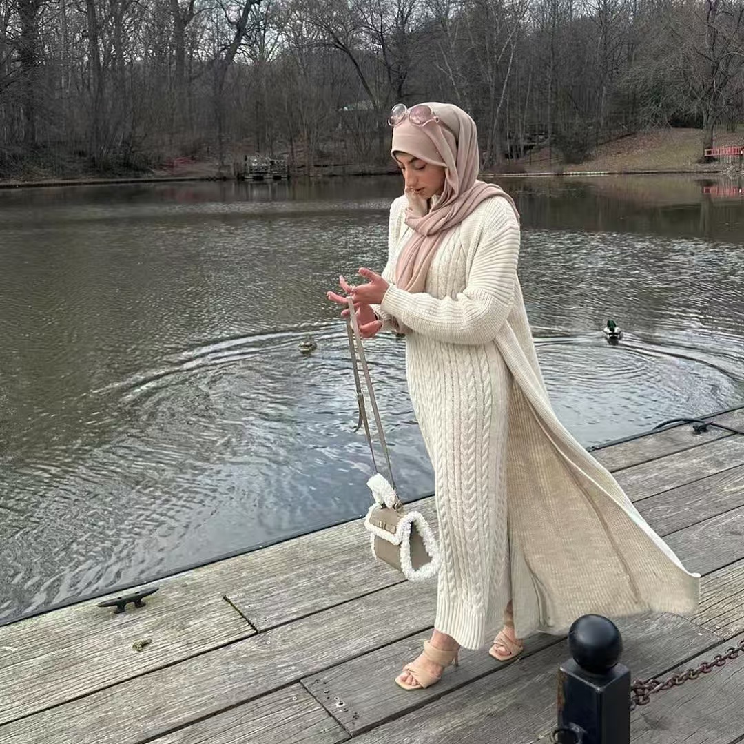 Islamic Women 100% Cashmere Luxurious Modest Cable Knit Maxi Knit Dress Warm Hijab Compatible Autumn Winter Daily Sweater Suit