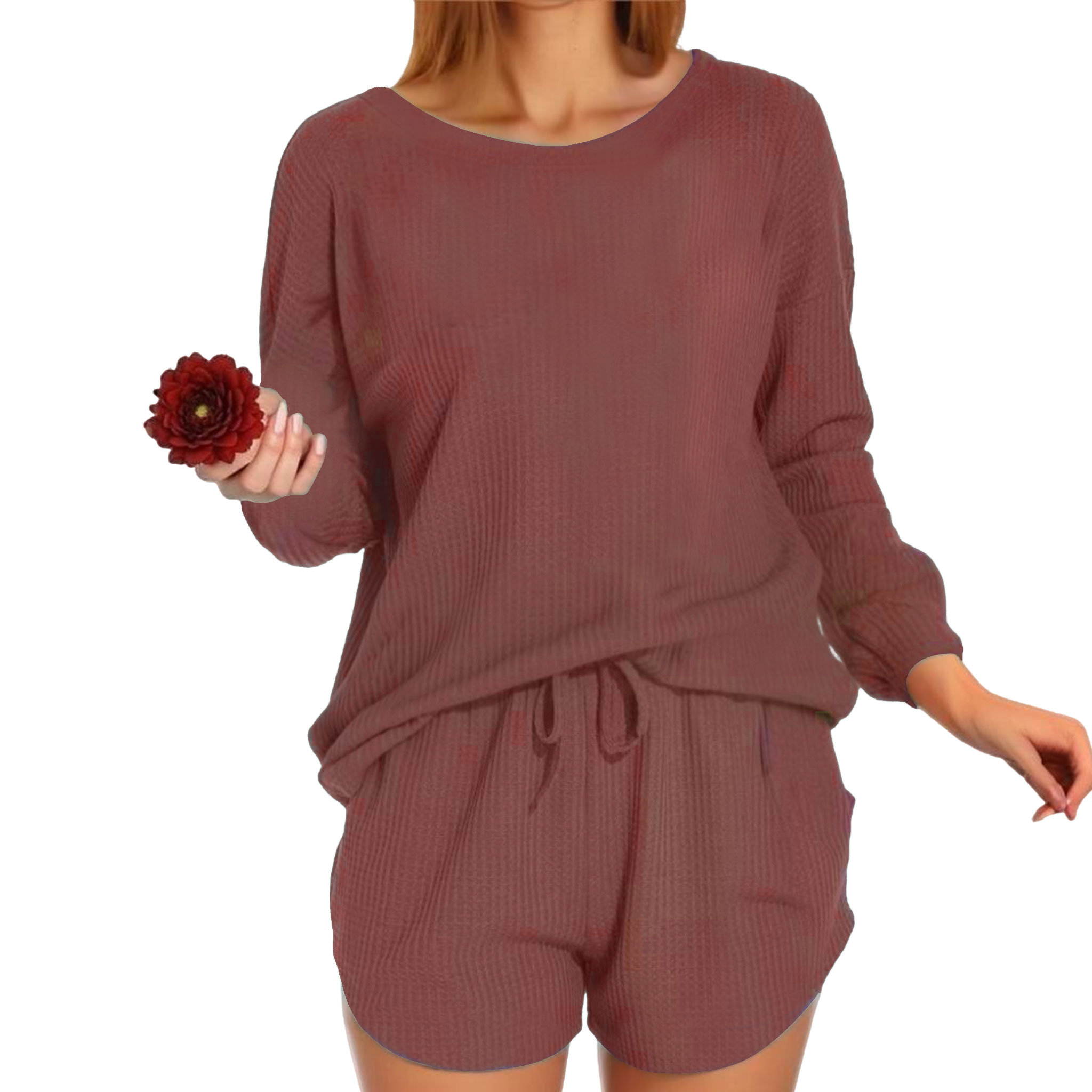 OEM Women's Waffle Knit Loungewear Pyjamas Pajamas Long Sleeve Casual Short Set Quick Dry All Winter Autumn Spring Dusty_Rose