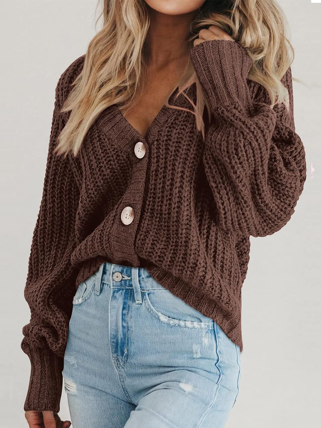 Women's Casual Chunky Knit V-neck 100% Acrylic Anti-Pilling Long Sleeve Loose Button Cardigan Winter Outerwear Front Logo