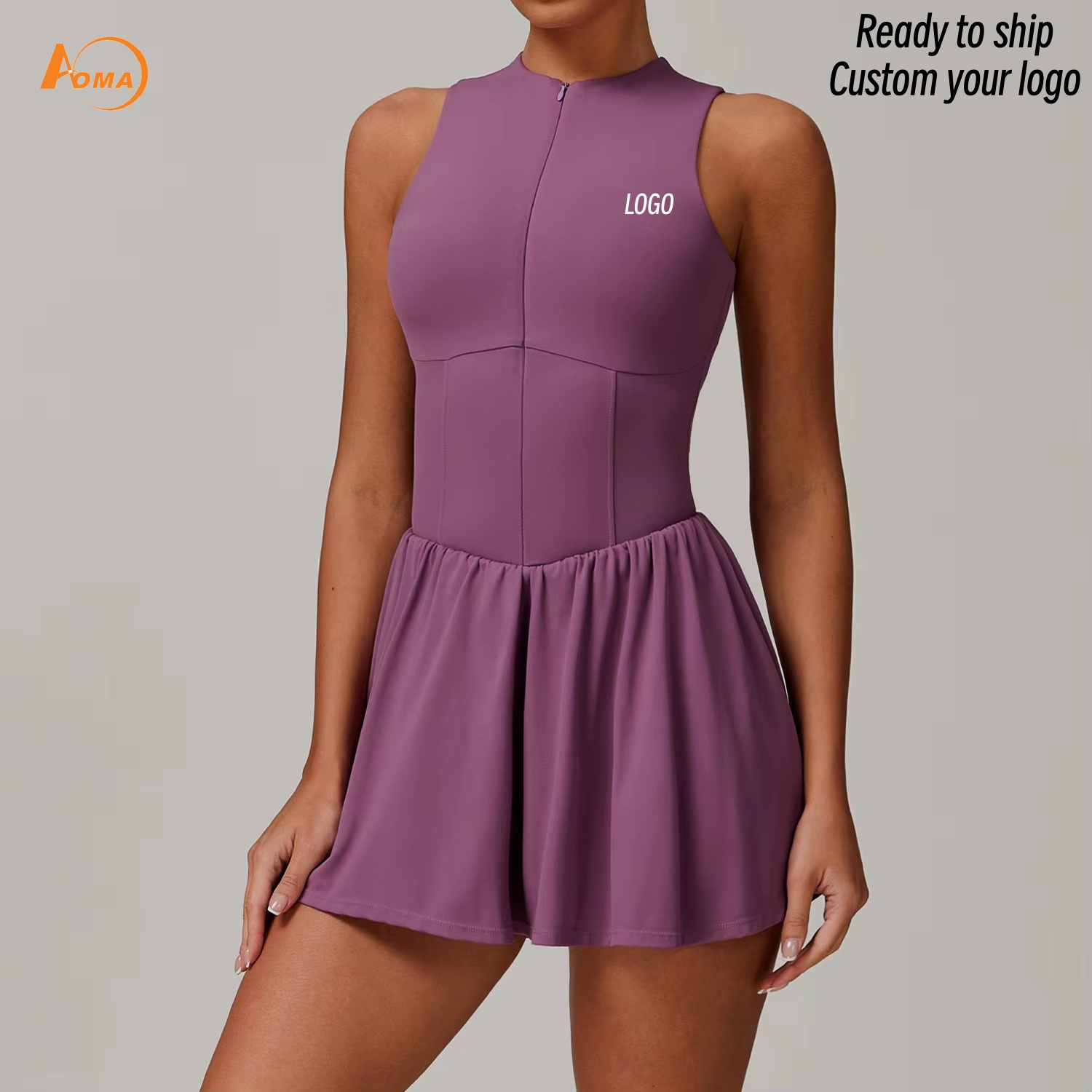 Aoyema Custom Logo Half Zip Stand Collar Built-in Bra Pocket Shorts Women Tennis Golf Athletic Workout Sports Dress
