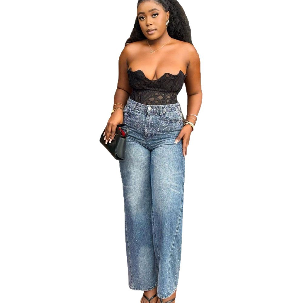 European and American Style Rhinestone Jeans New Women's Street Style Washed High Waist Straight Leg Pants