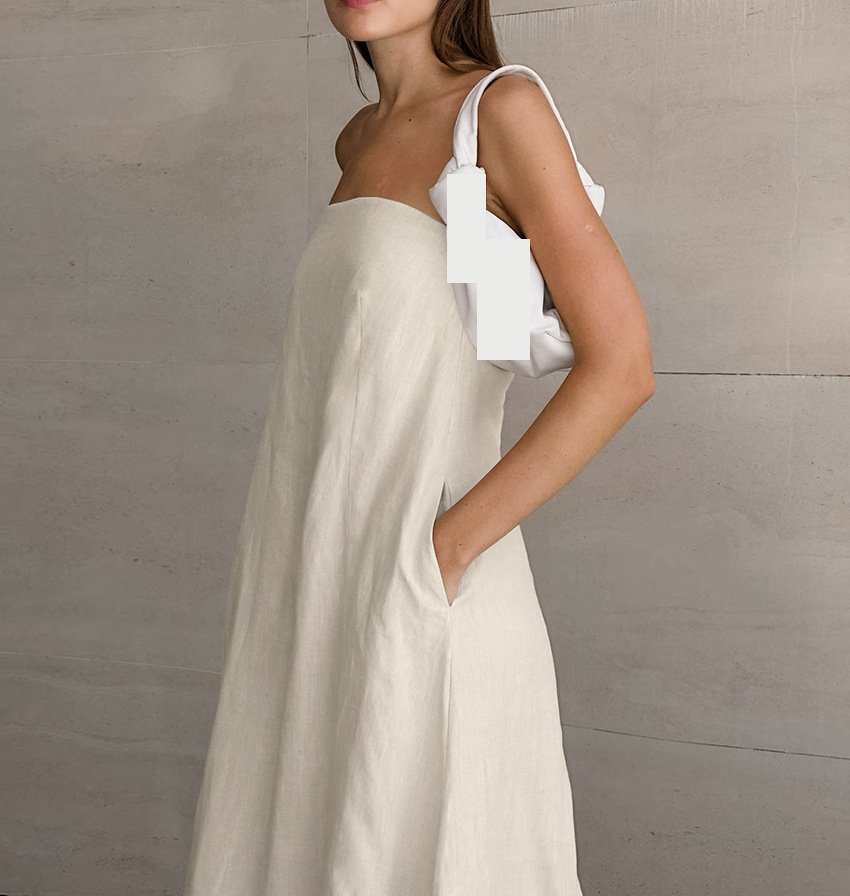 Enyami Cozy Holiday Summer Beach Resort New Style Khaki Cotton Linen Strapless Loose Long Dress Women With Pockets