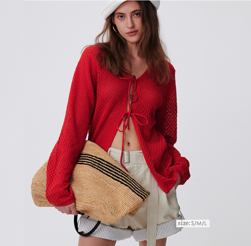 Custom Logo Designer Style Women's Summer Long Sleeve Lace Up Knit Coat Cotton Linen Blended Openwork Knit Cardigan With Lacing