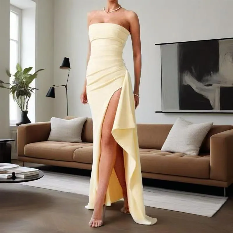 Ladies' Satin Split-Dress Exquisite-One-Shoulder Long Dress Solid Color Evening Dress Women's Wear