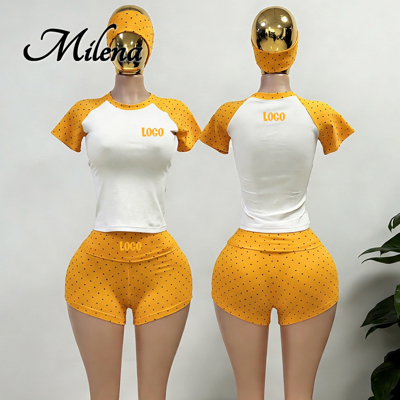 Custom logo Polka Dot Two Piece Set Y2k Women Clothing Cotton Short Sleeve t Shirt with Fold Over Shorts Women's Loungewear Set