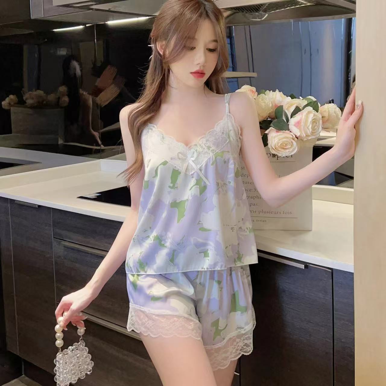 Sleepwear Women's Summer Ice Silk Sexy Bandeau Shorts Set - Pure Erotic Sleeveless Trendy Summer Home Wear