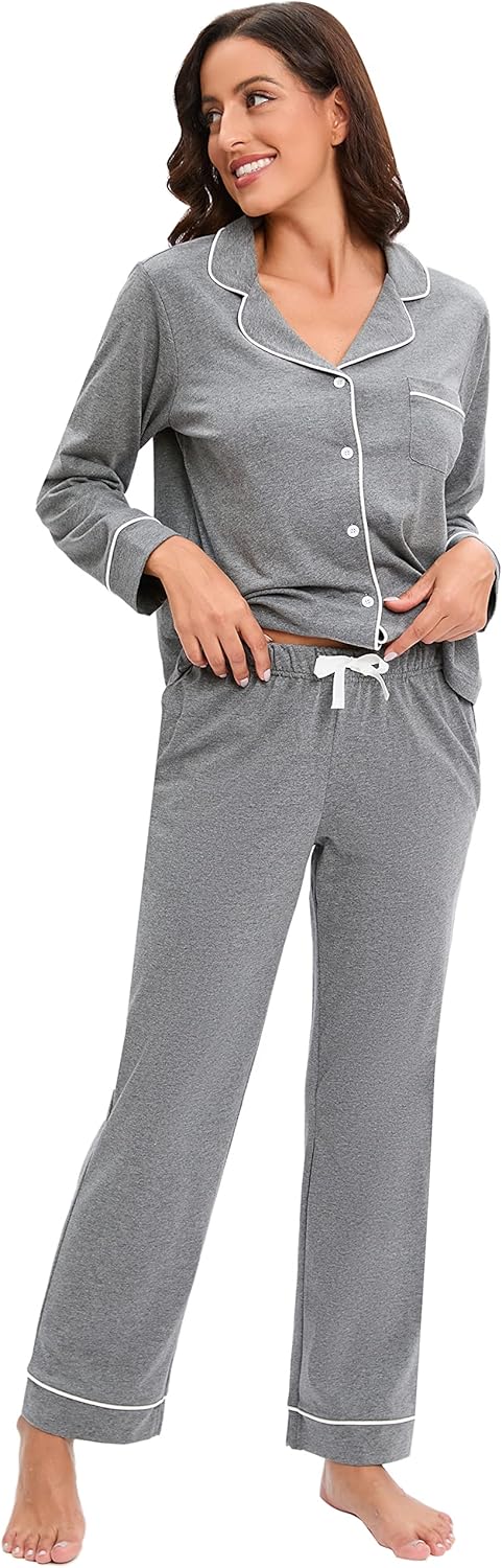 100% Cotton Solid Women's Pajama Set Soft Button-Down 2-Piece Knitted Long Sleeve Elastic Waist Custom Sleepwear Loungewear