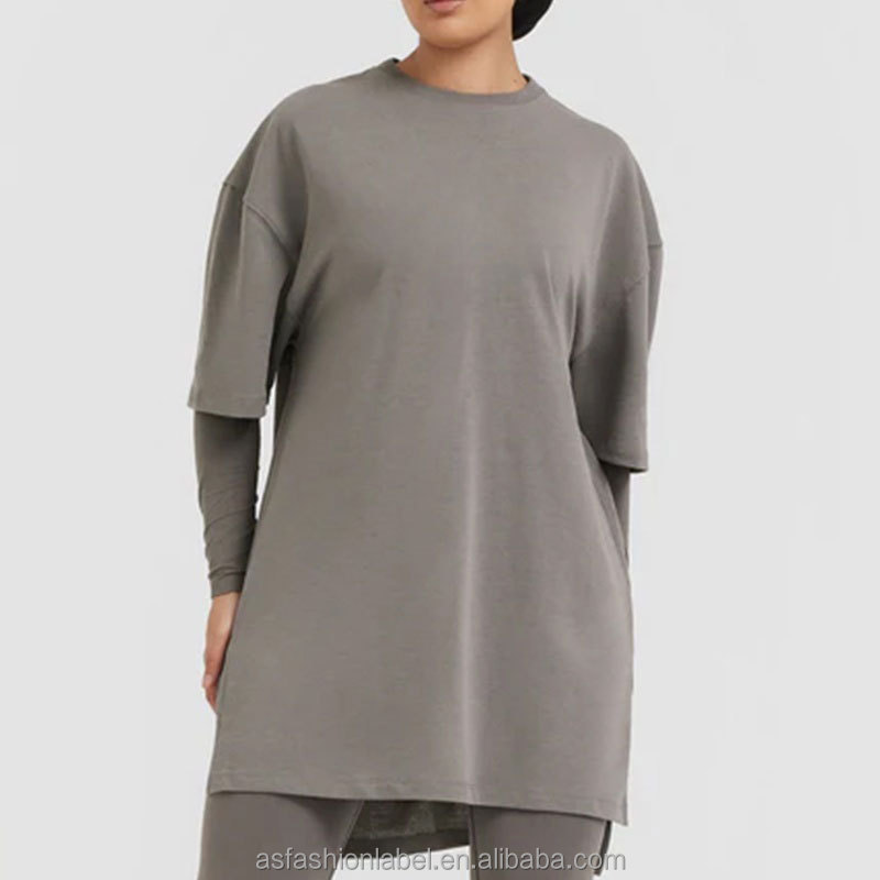 Custom OEM Solid Oversize Drop Shoulder Modest Sportswear 2 Piece Set Women Long Sleeve Crew Neck Top Leggings Islamic Outfit