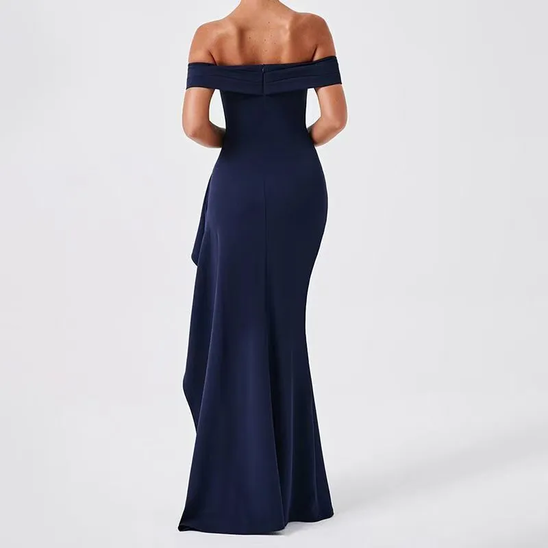 Ladies' Satin Split-Dress Exquisite-One-Shoulder Long Dress Solid Color Evening Dress Women's Wear