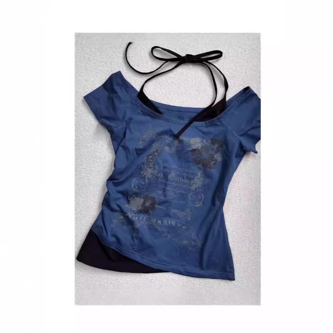 Women's Slim Fit Vintage 2-in-1 Floral &amp; Letter Print Halter Crop Top Y2K Casual Summer Top for Daily Wear