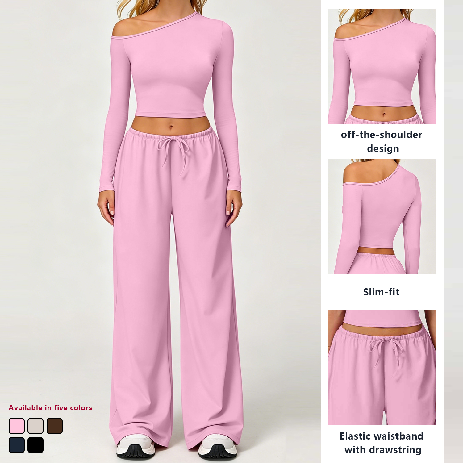 ACX8004+ACK8004 Women Lounge One Shoulder Crop Top Elastic Waist Drawstring Wide Leg Pants Casual Gym Yoga Workout Activewear