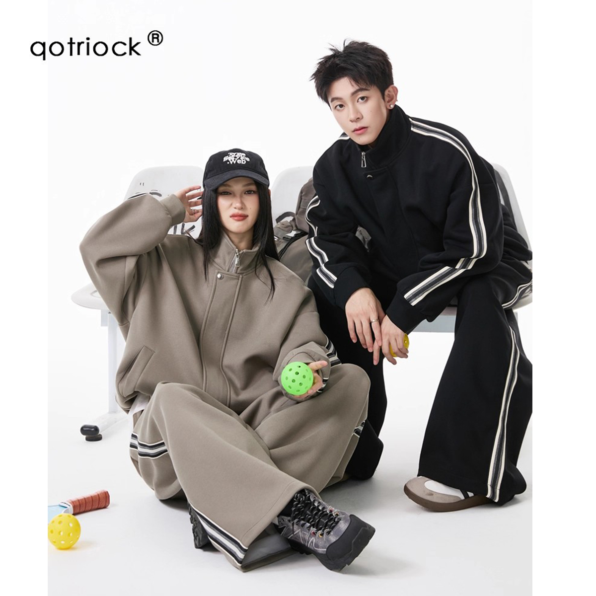 Autumn Couple Casual Loose Striped Hooded Sweater 2-Piece Set High Quality 420G Long Sleeve Polyester Cotton Blend