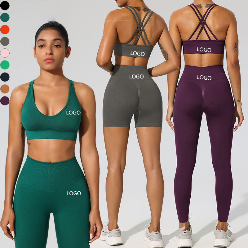 XW-059+061+062 3 Pieces High Waisted Scrunch Shorts Workout Leggings Backless Cross Gym Bra Training Women's Sportswear For Gym