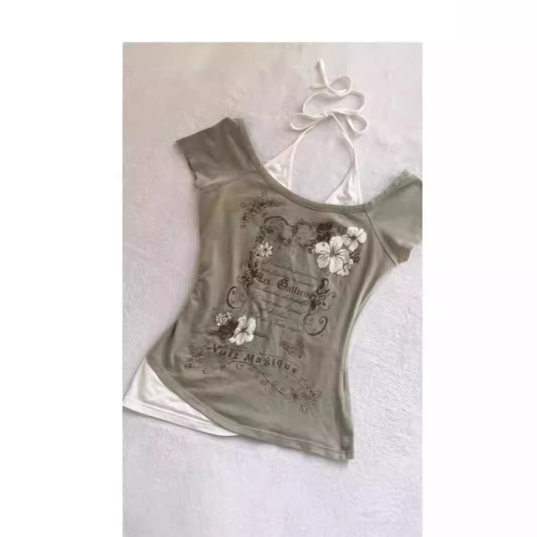 Women's Slim Fit Vintage 2-in-1 Floral &amp; Letter Print Halter Crop Top Y2K Casual Summer Top for Daily Wear