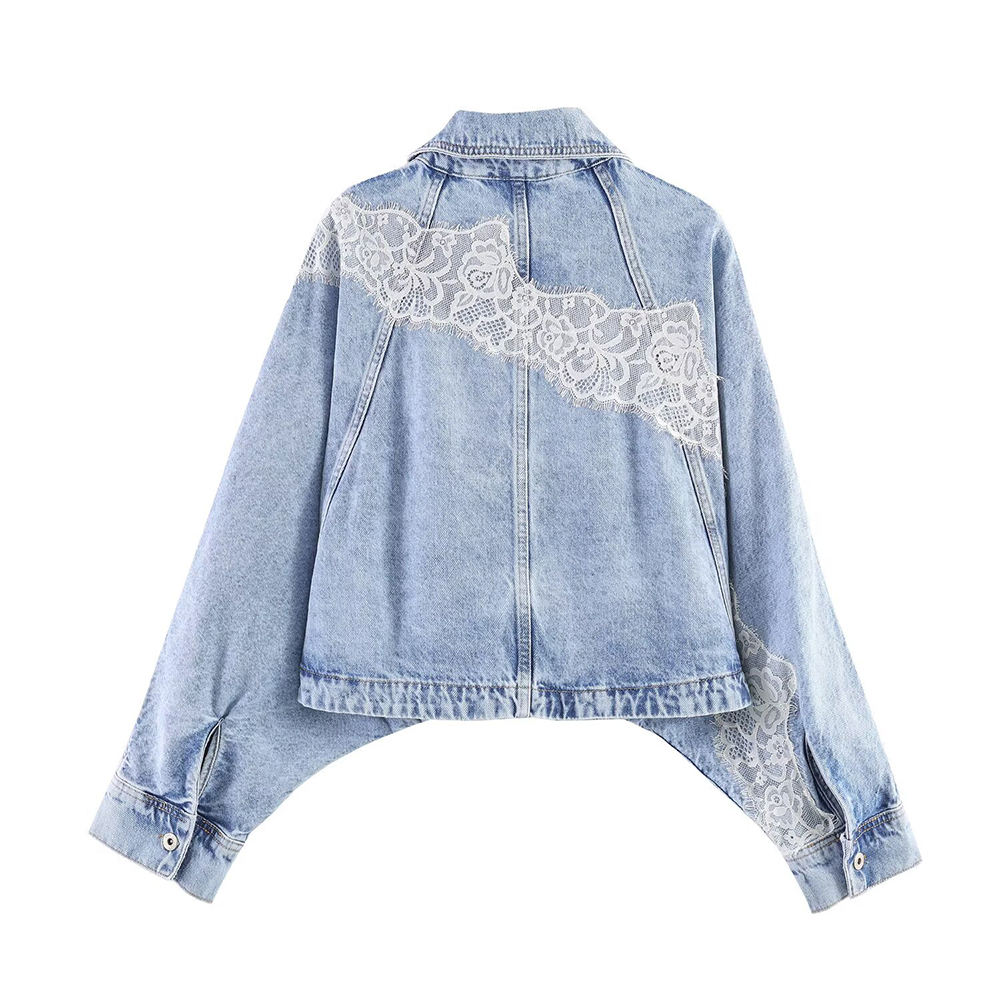 Women's Retro Casual Denim Jacket with Lace Paneling Turn-Down Collar and Loose Fit Washed for Autumn Season