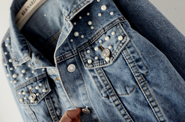 Fall Women Clothes Custom Logo Short Denim Jacket Long Sleeve Denim Jacket Women Beaded Pearl Loose Customized Logo Outdoor