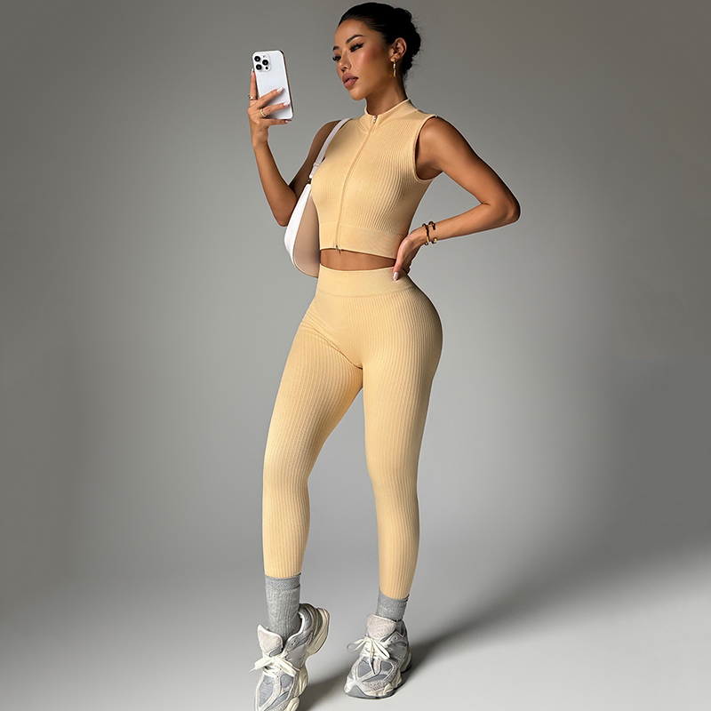 Best Selling Women's Yoga 6-Piece Set Breathable Solid Sports Bra Long Sleeve Jacket Slim Short Sleeve High Waist Butt Front