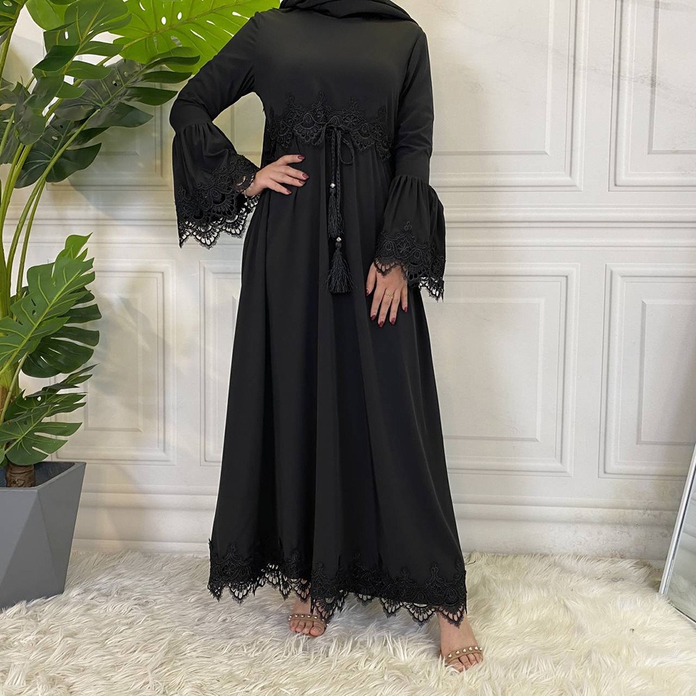 S0086 Fashion Women's Lace Patchwork Lacing Abaya Modest Khamis Arab Islamic Clothing Dress for Women