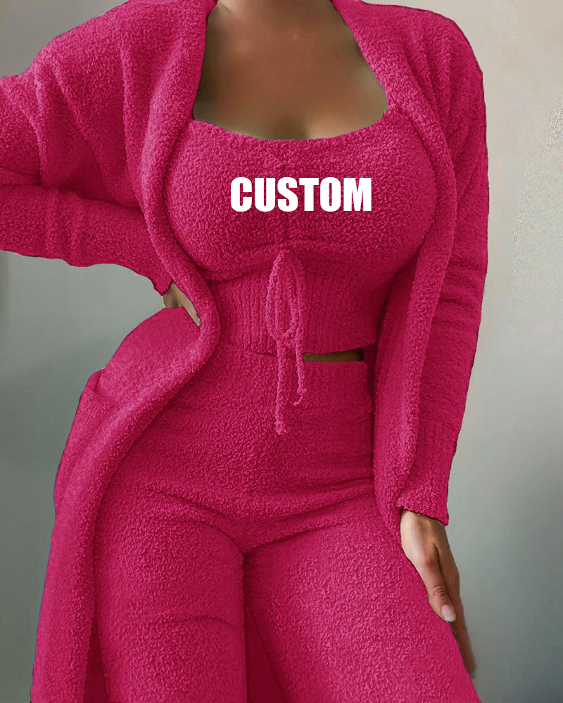 2024 Embroidery Loungewear Fur Faux Coats Jackets Tracksuits Fall Clothing Joggers Crop Top 3 Piece Towel Pajamas for Women Set