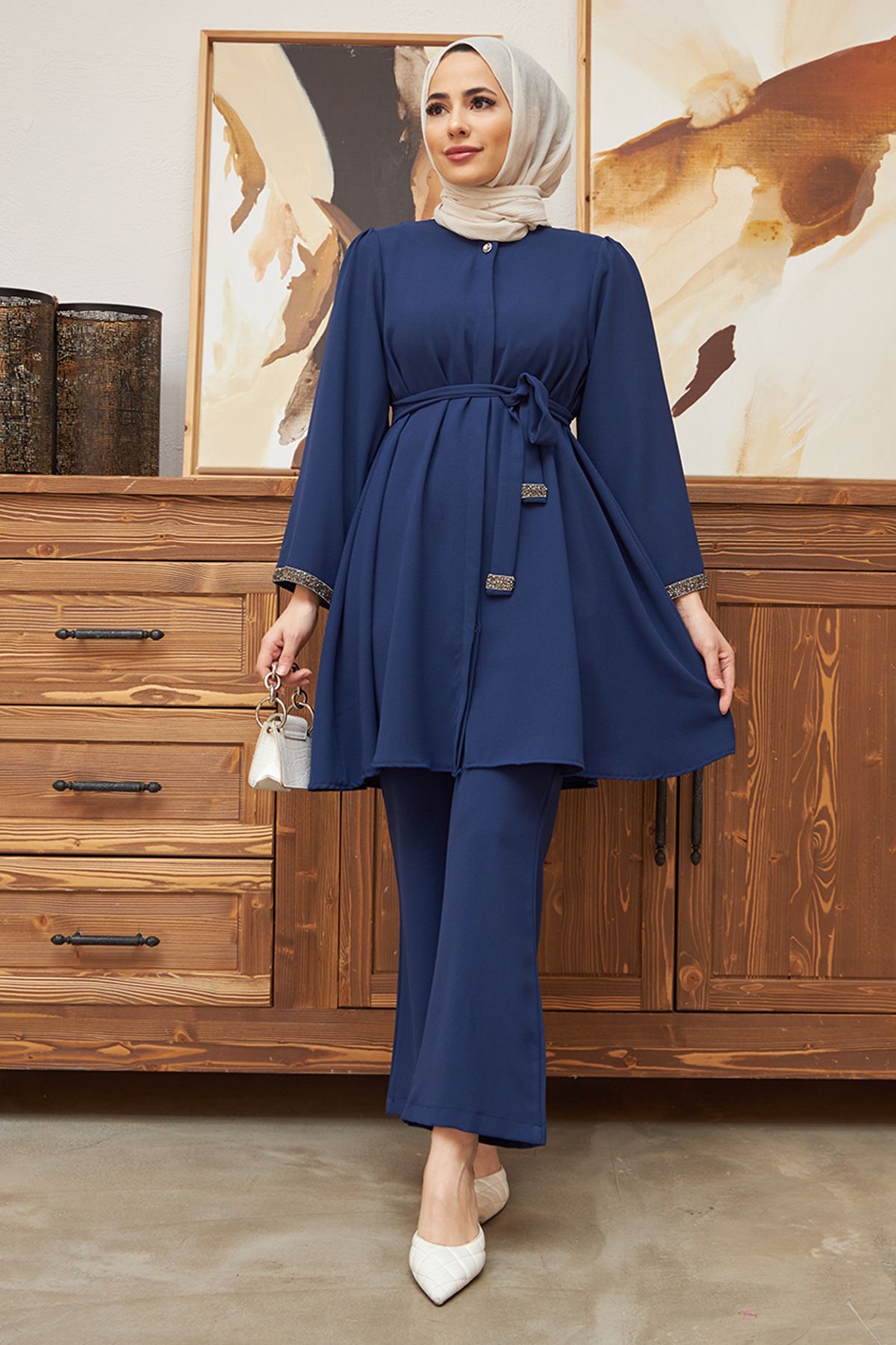 Middle Eastern Muslim Women's Modest Fashion Two Piece Set Rhinestone Embellished Pleated Eid Flared Pants Loose Abayas