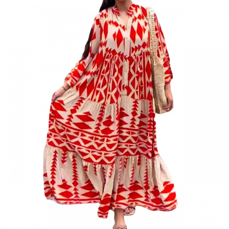 Woman's Modest Bohemian Casual Eco-Friendly Washable Maxi Loose Evening Dresses Autumn New Pullover Printed Empire 3D Crocheted