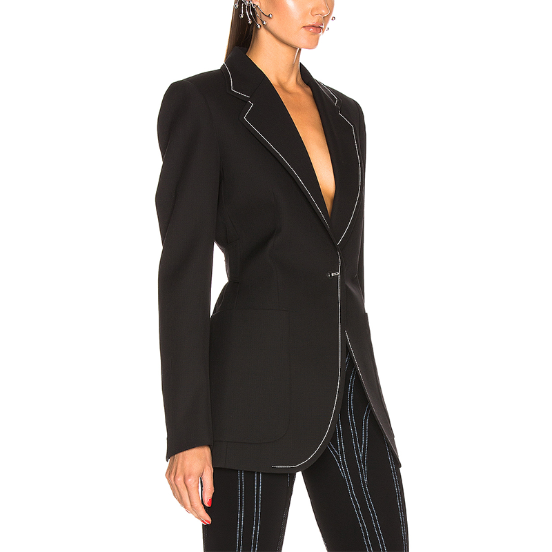 Elegant Business Black Lapel Collar Blazer Dress Women Office Suits Ladies 100%cotton Woven Long Decorated with Button,pockets
