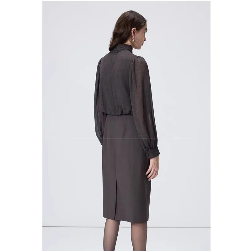 Custom Elegant Office Suit with Sheer Sleeves & Tie Neck for Formal Wear