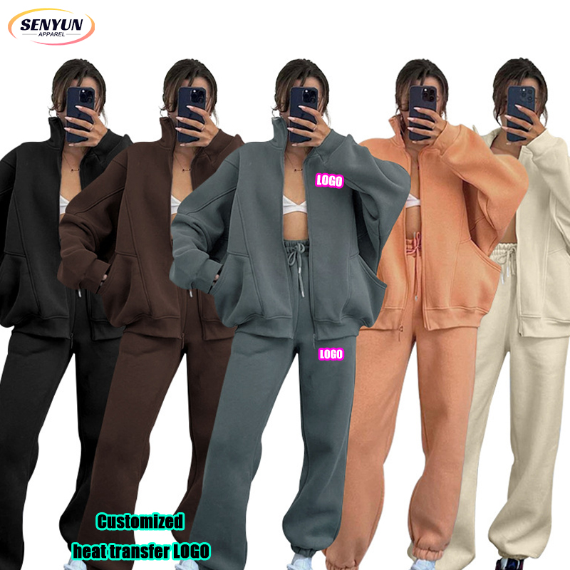 Manufacturer Autumn Winter Plain Sports Gym Two Piece Custom Embroidery Logo Plus Size Tracksuits Sexy Two Piece Women'S Sets