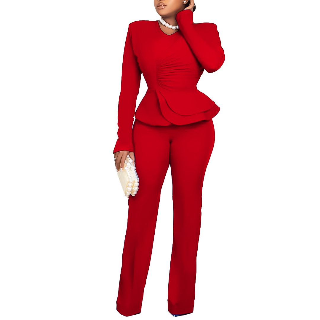 D458 Office Lady Autumn Winter New Fashion Long Sleeve Ruffled V-neck Two-piece Suit Set