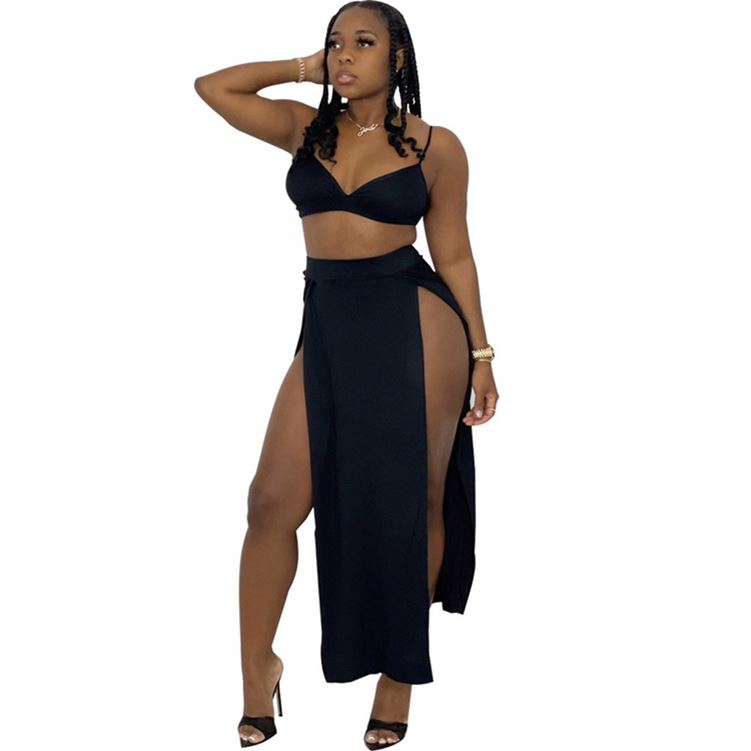 New Arrivals Summer Sling Tube Top Mid-length High Split Women's New Two Piece Long Maxi Skirt Set