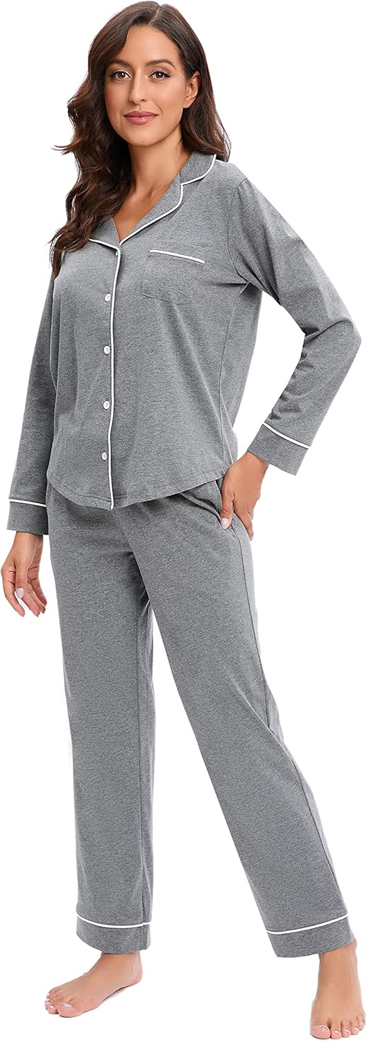 100% Cotton Solid Women's Pajama Set Soft Button-Down 2-Piece Knitted Long Sleeve Elastic Waist Custom Sleepwear Loungewear