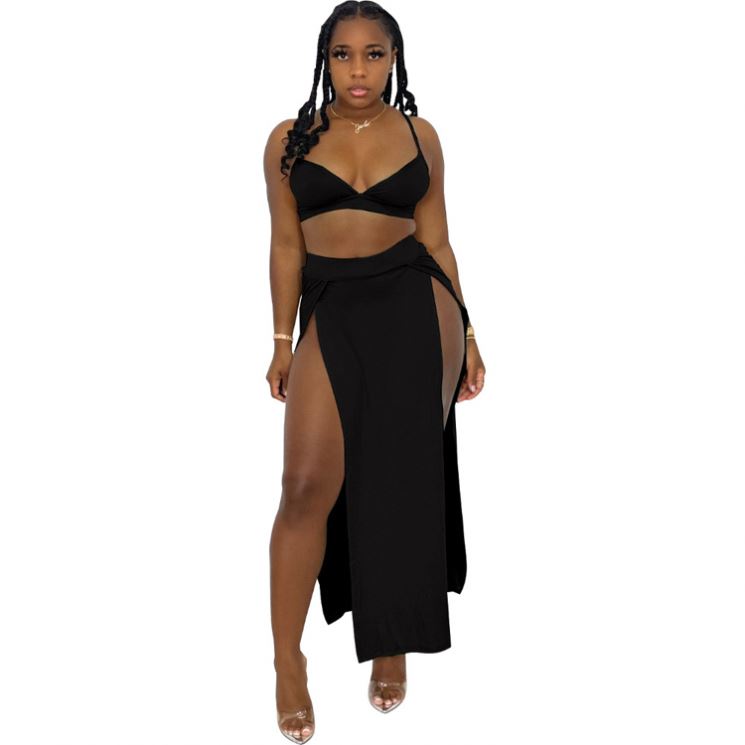 New Arrivals Summer Sling Tube Top Mid-length High Split Women's New Two Piece Long Maxi Skirt Set