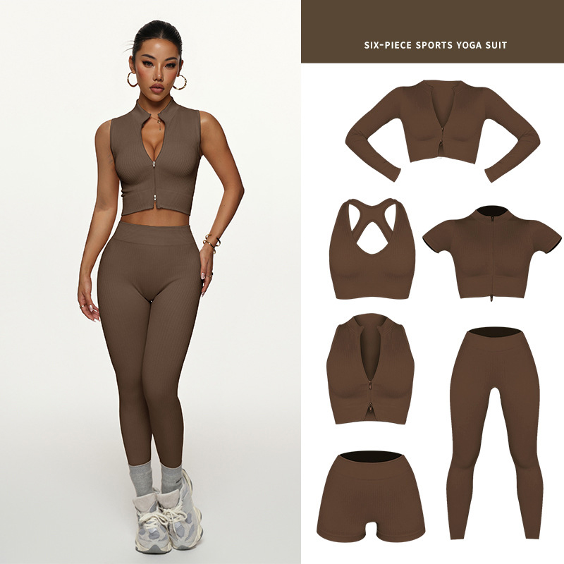 Best Selling Women's Yoga 6-Piece Set Breathable Solid Sports Bra Long Sleeve Jacket Slim Short Sleeve High Waist Butt Front