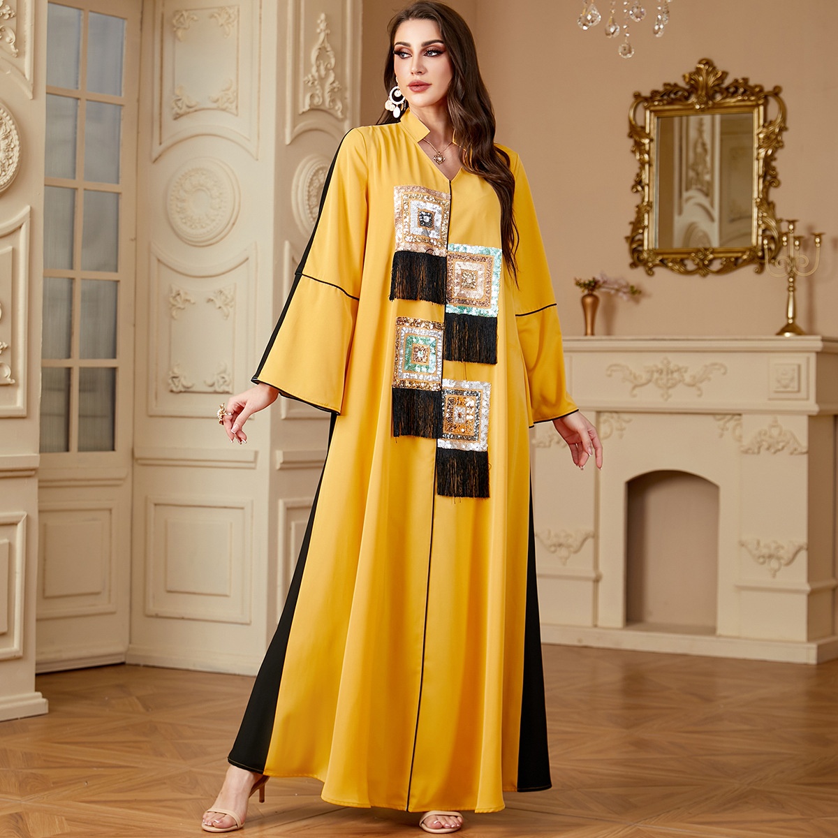 4132 Modest New Fashion Women's Modest Long Abaya Cross-Border Robe Contrasting Colors Made Soft Polyester Soft Stitching for