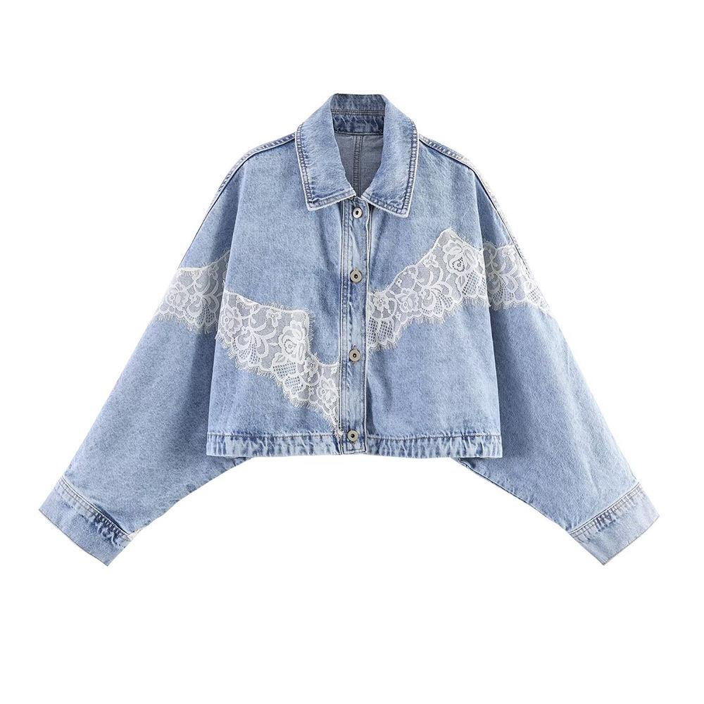 Women's Retro Casual Denim Jacket with Lace Paneling Turn-Down Collar and Loose Fit Washed for Autumn Season