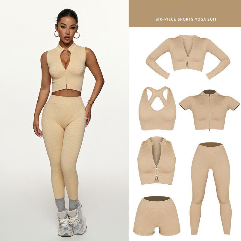 Best Selling Women's Yoga 6-Piece Set Breathable Solid Sports Bra Long Sleeve Jacket Slim Short Sleeve High Waist Butt Front