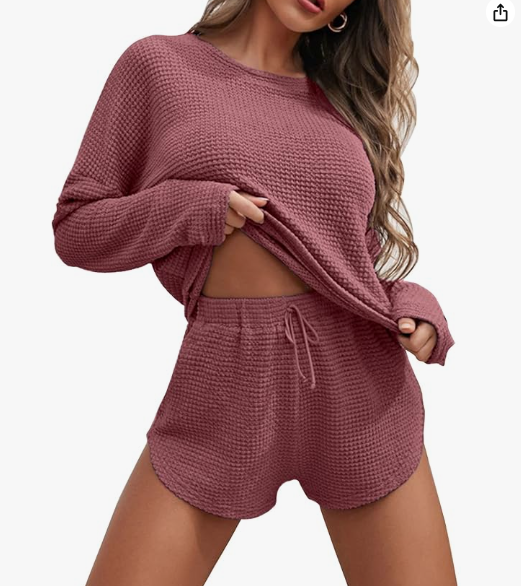 OEM Women's Waffle Knit Loungewear Pyjamas Pajamas Long Sleeve Casual Short Set Quick Dry All Winter Autumn Spring Dusty_Rose