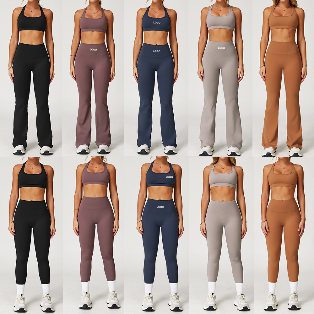Custom Logo Women's Sets 3 Piece Yoga Set Active Naked Feeling Halter Bra High Waist Tummy Control Gym Leggings Flare Pants Set
