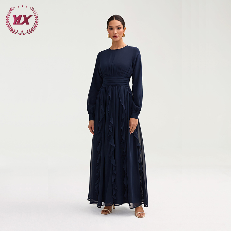 Fashion Casual Women's Modest Dress Street Wear Long Gathered Sleeve Layered Ruffle Maxi with Cinched Pleated Waist