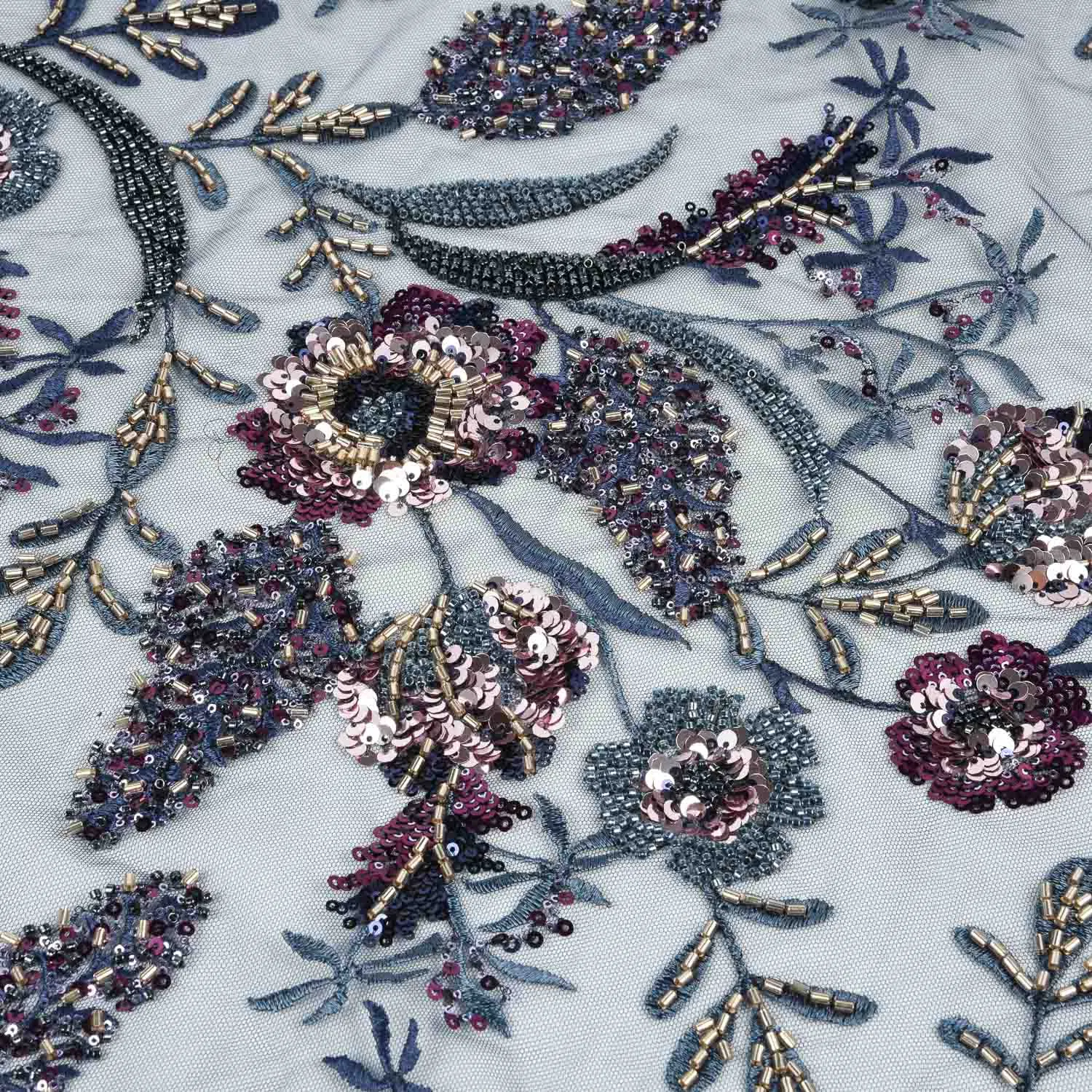 Top Quality 3D Embroidered Lace Fabric with Sequins for Evening Wear