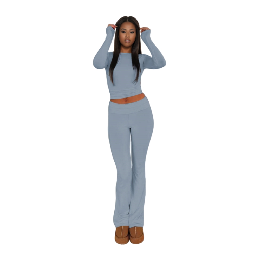 DE0106RV Wholesale Long Sleeve Crop Tops Milk Silk Solid Color Pants 2 Pieces Set Women Streetwear Suits Fashion
