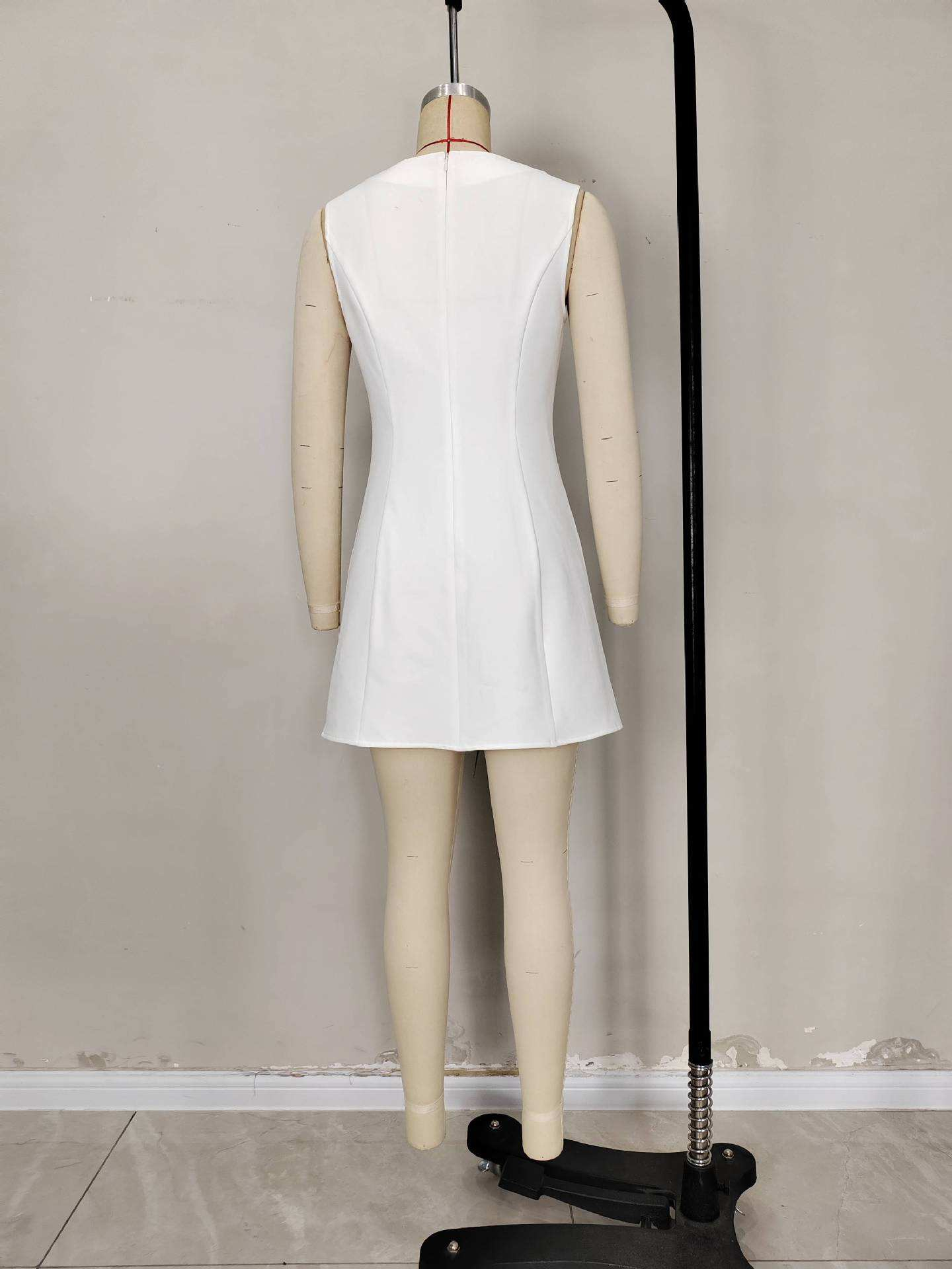 Premium Women's Elegant Fitted Midi A-Line Summer Slim Sleeveless Button Decoration Solid Formal Office Career Dress