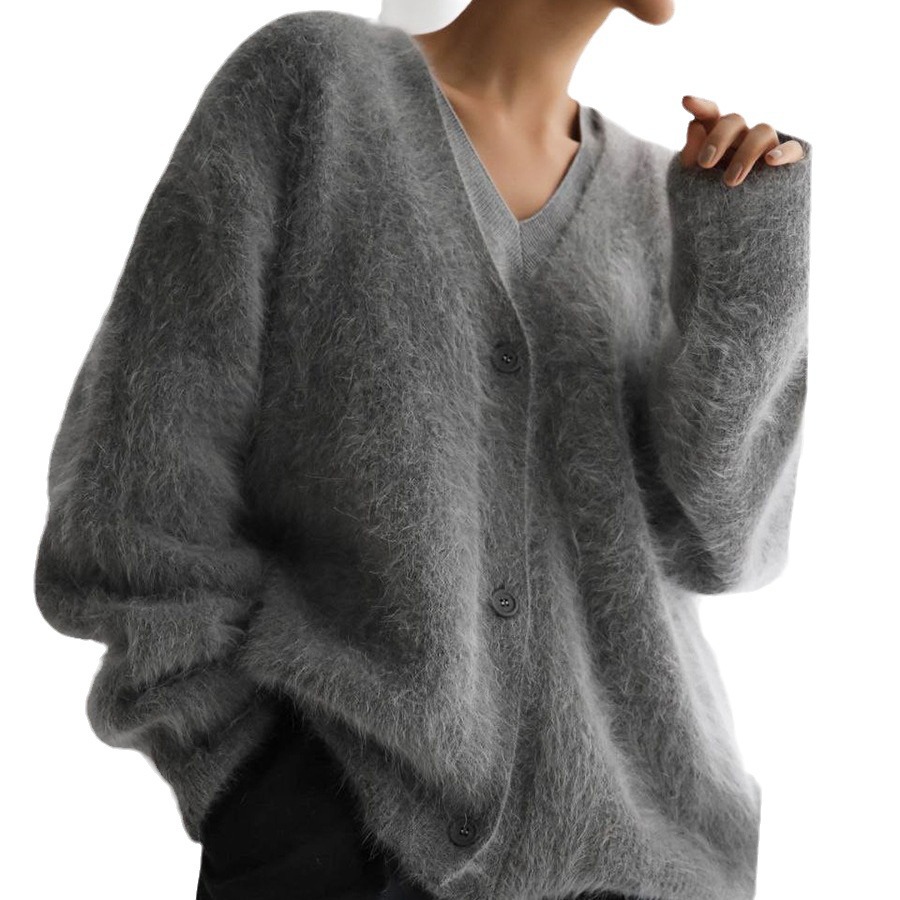 2026 New Arrival Autumn Women V Neck Button Fuzzy Knitted Cardigan Long Sleeve Loose Casual Soft Sweater Outerwear