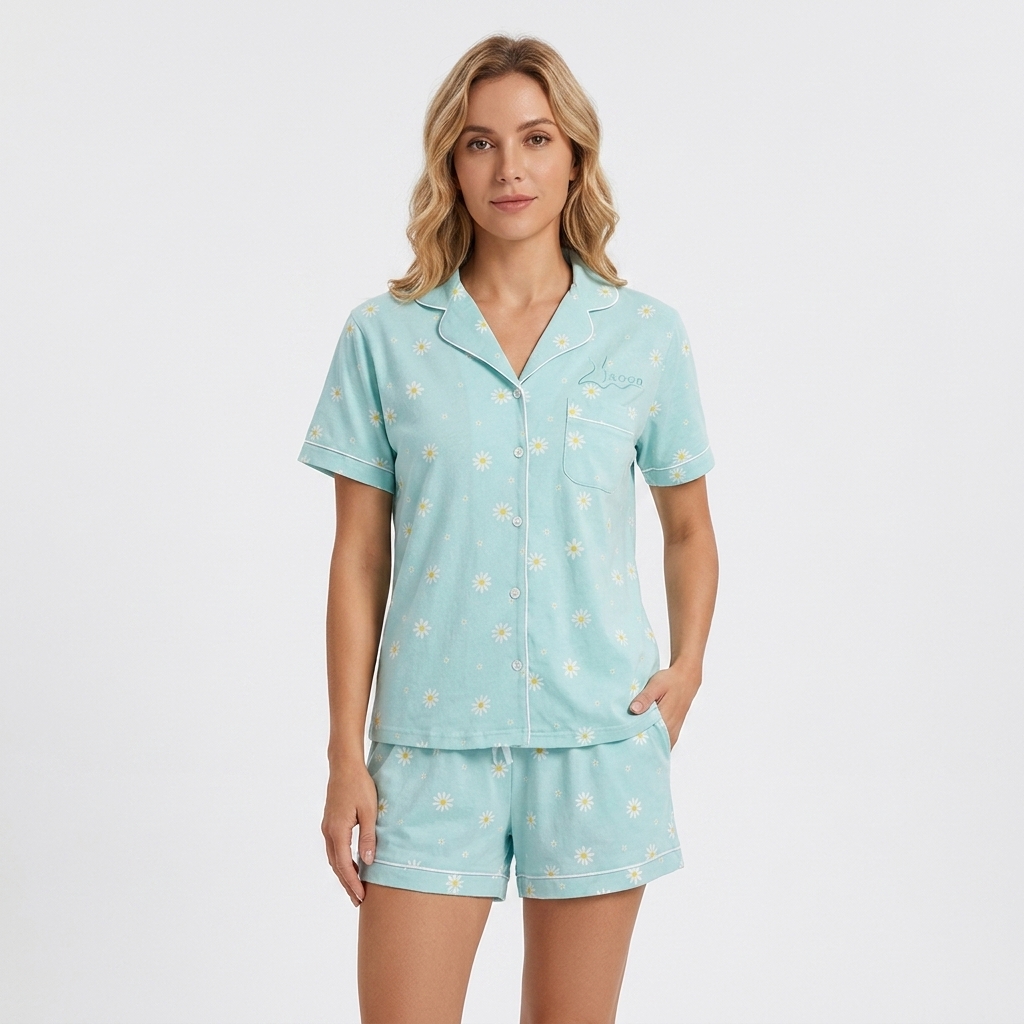 Customizable Machine Embroidery Bamboo/Cotton/Spandex Knitted Breathable Casual ODM Women's Summer Sleepwear Buttoned