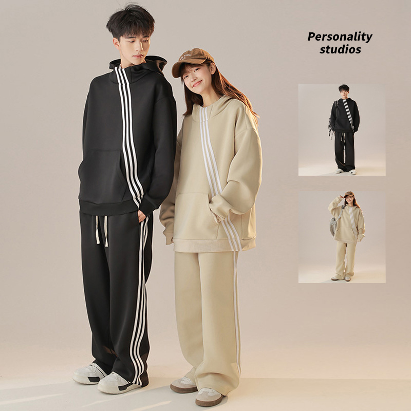 Autumn Couple Casual Loose Striped Hooded Sweater 2-Piece Set High Quality 420G Long Sleeve Polyester Cotton Blend